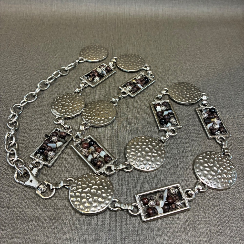 Vintage Chain Belt Hammered Silver Medallion Wood Shell Bead Mixed Media 34-41"